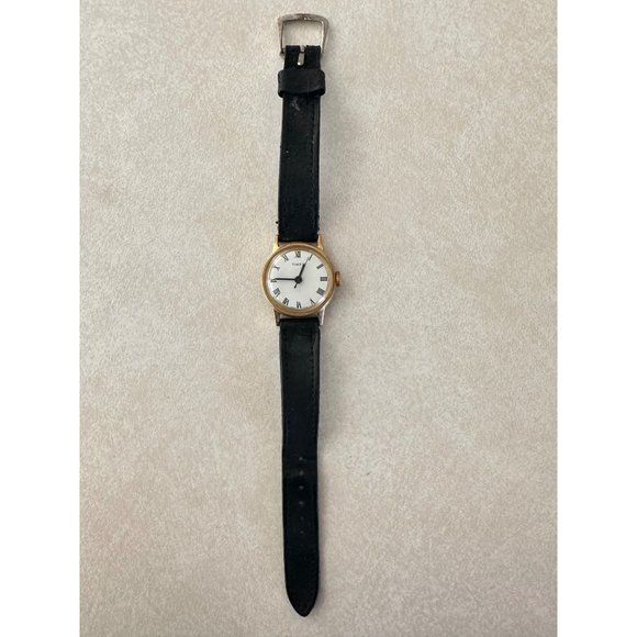 Timex vintage 70s gold bezel white dial manual mechanical black leather watch main image 5